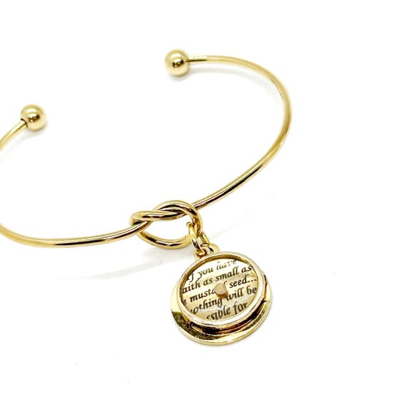 Mustard Seed Goldtone Cuff Bracelet, Mustard Seed Knot Bracelet, Faith Gift, Christian Jewelry, Matthew 17 20, Believer, Christian Gifts