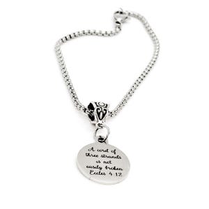 May include: A silver chain bracelet with a round pendant that reads "A cord of three strands is not easily broken. Eccles 4:12".