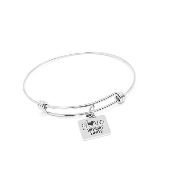 Stainless Steel Love Without Limits Bracelet, Square Charm Jewelry Inspirational Gift Motivational Quote Bangle Positive Affirmation