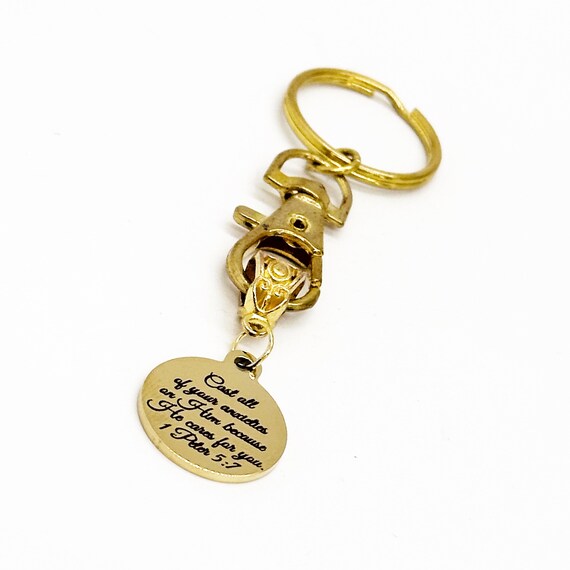 Faith Gift, Cast All Of Your Anxieties On Him, He Cares For You Charm Keychain, 1 Peter 5 7, Keychain Gift, Christian Gift, Scripture Quote