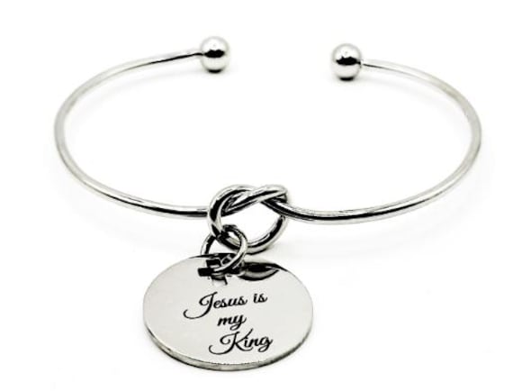 Jesus Is My King Cuff Bracelet With Stainless Steel Engraved Charm Silver Plated Faith Jewelry From JKCE Designs Inspirational Gift