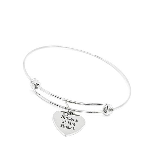 Sisters Of The Heart Bracelet Stainless Steel Adjustable Bangle With 19mm Heart Charm, Friendship Jewelry Gift For Sister Friend