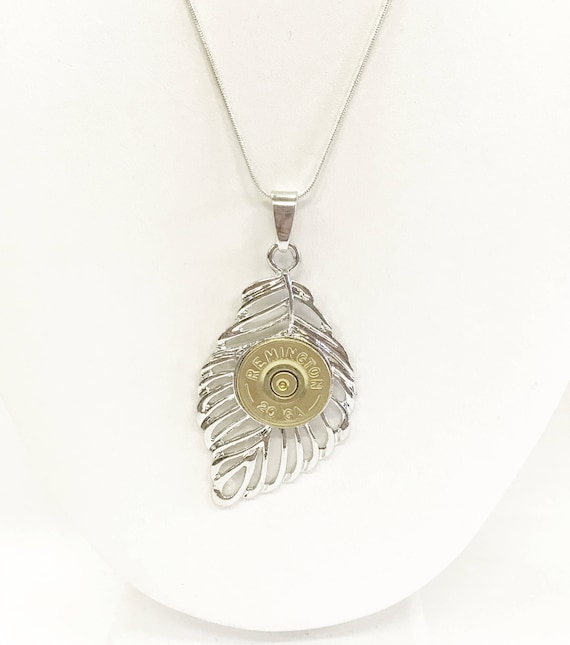 20 Gauge Shotgun Shell Leaf Pendant on Silver Chain Necklace, Gift For Her, Shotgun Shell Jewelry Gift For Wife, Shooting Sports Gift