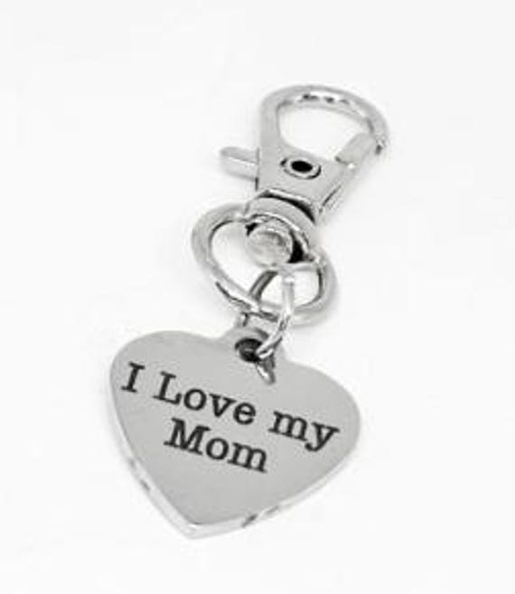 I Love My Mom Stainless Steel Engraved Heart Clip On Charm Gift For Mom Mothers Day Keychain Purse Zipper Pull Jewelry Accessory