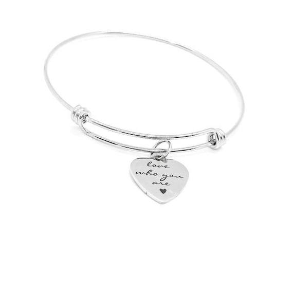 Love Who You Are Stainless Steel Bracelet 19mm Heart Charm Adjustable Bangle Inspirational Jewelry Self Love Gift for Women