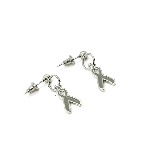 Silvertone Gray Ribbon Charm Earrings, Awareness Gifts, Aphasia, Brain Cancer, Asthma, Diabetes Awareness Ribbon, Gift For Her, Mom