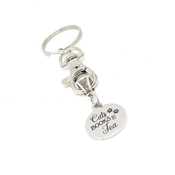 Cat Owner Gift, Cats Books Tea Charm Keychain, Wife Gift, Favorite Things, Book Lover Gift, Cat Lover Gift, Gift For Her, Daughter Gift