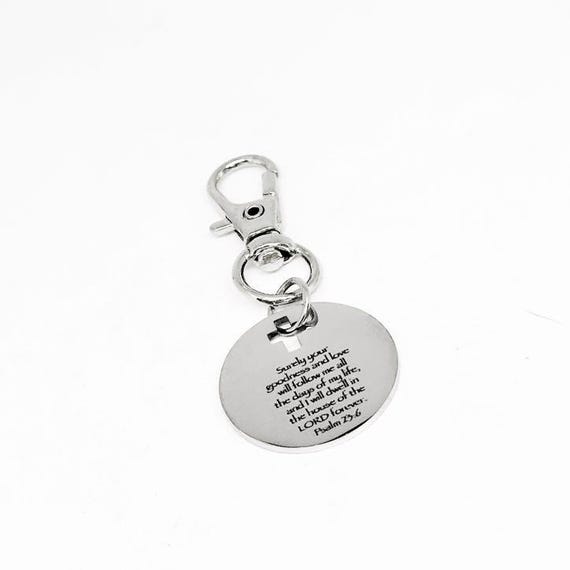 Psalm 23:6 Clip On Charm Stainless Steel Engraved Bible Verse Keychain Christian Scripture Gift