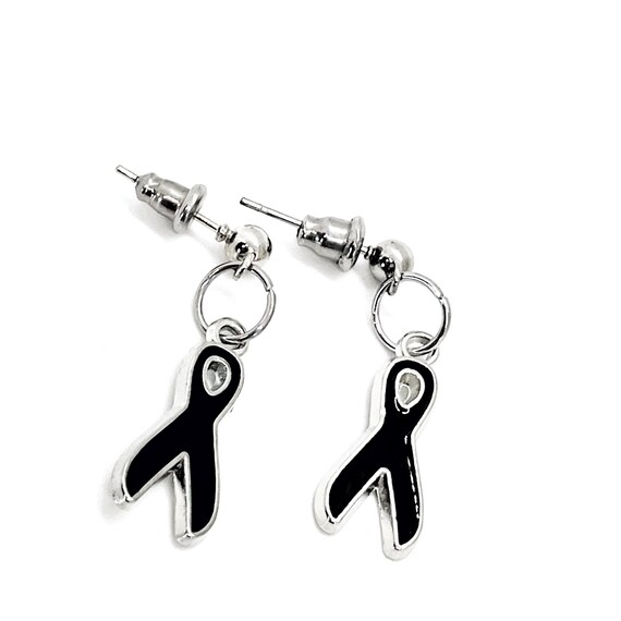 Silver-tone Black Ribbon Earrings, Awareness Gifts, Melanoma, Sleep Disorders Awareness Charm, Gift For Her, Wife Gift, Awareness Gift
