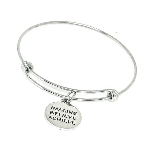 Imagine Believe Achieve Stainless Steel Bracelet Inspirational Adjustable Bangle With 19mm Charm Motivational Gift For Women Or Teens