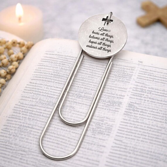 Love Bears All Things Paperclip Bookmark Stainless Steel Christian Scripture Bookmark Faith Gift Inspirational Reading Accessory