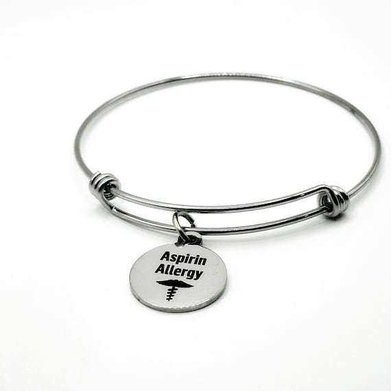 Aspirin Allergy Medical Condition Charm Bracelet Stainless Steel Expanding Bangle Allergy Awareness Jewelry