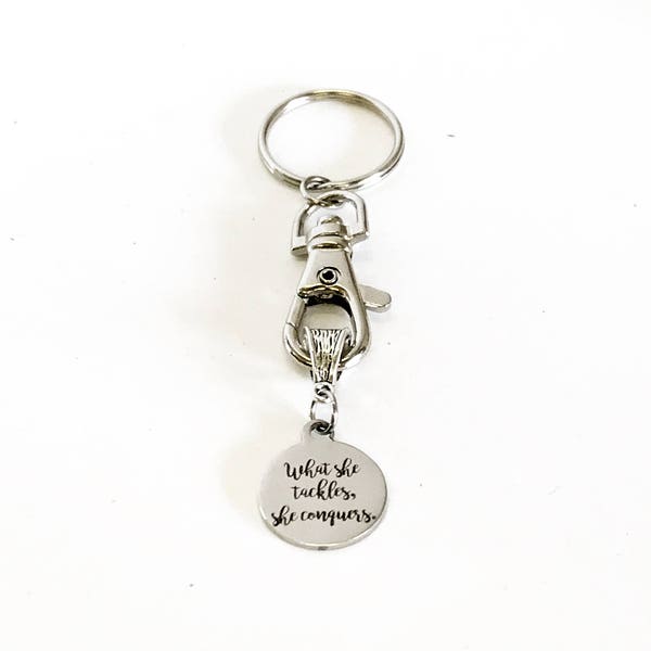 What She Tackles She Conquers Keychain Gift, Motivational Gift Keychain, Daughter Gift For Her, New Job Gift, Direct Sales Team Gift