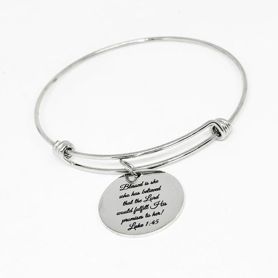 Blessed Is She Luke 1 45 Bracelet Stainless Steel Engraved Charm Inspirational Christian Jewelry Faith Gift For Women Scripture Bangle