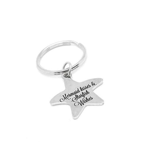 Mermaid Kisses And Starfish Wishes Keychain Stainless Steel Star Charm 27mm Ocean Beach Gift Nautical Accessory Summer Jewelry