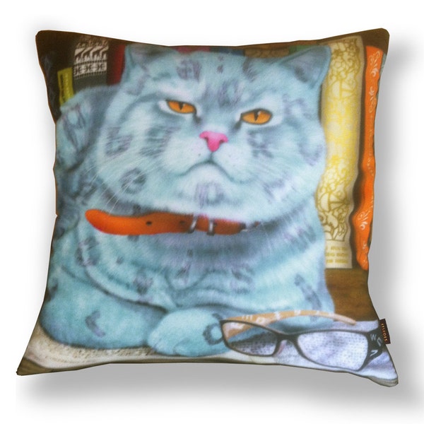 Coussin chat housse velours grise-bleue PETIT MALIN