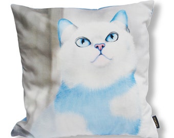 Cat pillow ADONIS White blue velvet cushion cover