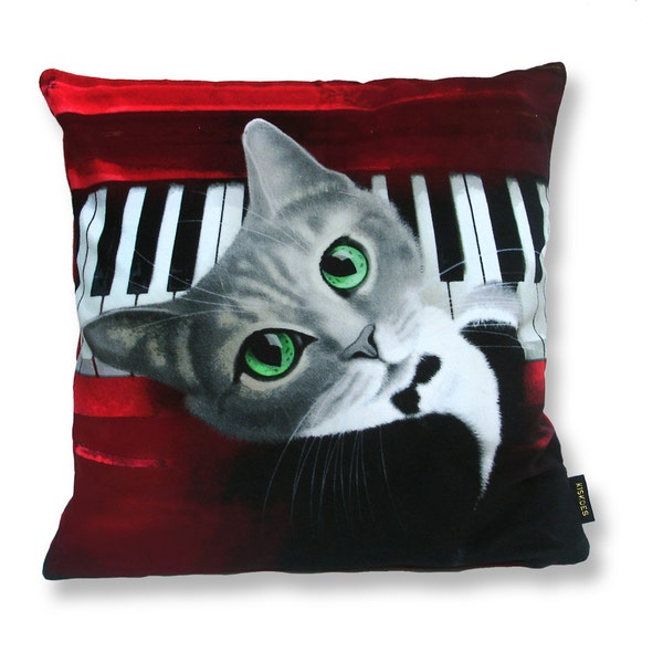 Coussin Noël chat NORA Housse de velours rouge-noire-grise