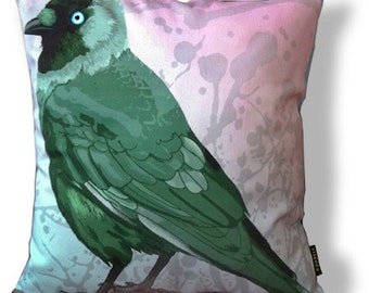 Bird cushion velvet cover GREEN JACKDAW