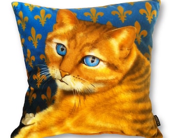 Cat pillow BLUE EYE Blue yellow velvet cushion cover