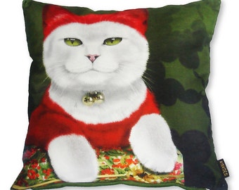 Christmas pillow SANTA CAT Red green velvet cushion cover