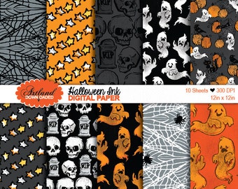 Halloween Ink Hand Drawn Digital print Pattern Instant Download ghost skull spider pumpkin orange grey black graphic scrapbook background