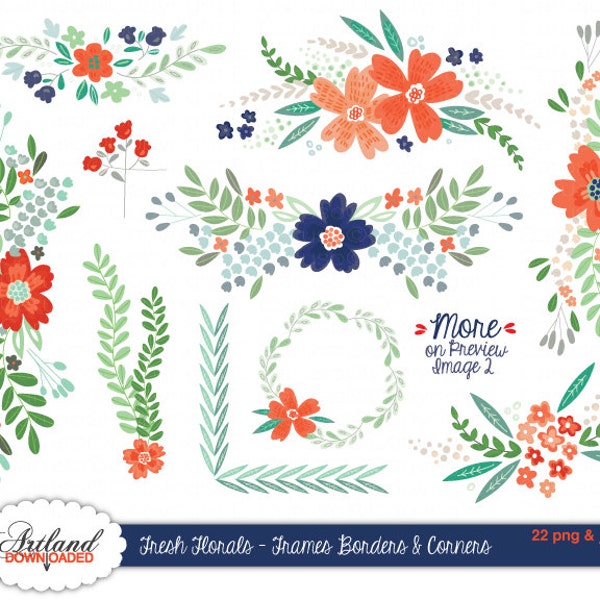 Fresh Florals Frames Borders Corners Digital ClipArt Instant Download Flower Clip art Coral navy blue mint red Wedding Scrapbook paper good