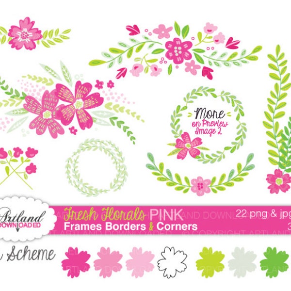 Frais cadres Florals Hot PINK floral frontière coins numérique ClipArt téléchargement télécharger Clip fleur vert anis mariage album papier d’art bon