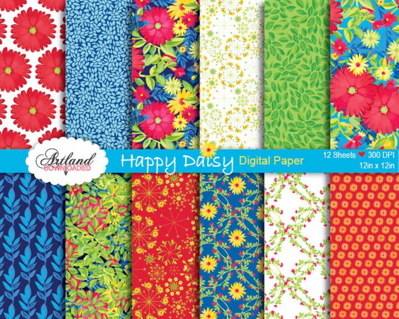 Happy Daisy Digital Paper Pattern Pack Instant Download Flower Foliage ...