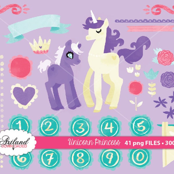 Unicorn Princess PURPLE pink turquoise flower banner Girl Clipart Digital Clip Art instant Download Birthday party Scrapbooking paper goods