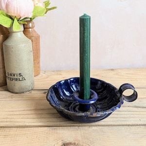Vintage French Enamel Chamber Stick or Candlestick Blue Enamel Candle holder