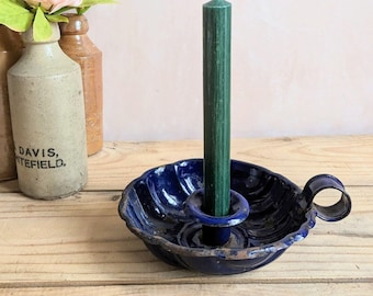 Vintage French Enamel Chamber Stick or Candlestick Blue Enamel Candle holder