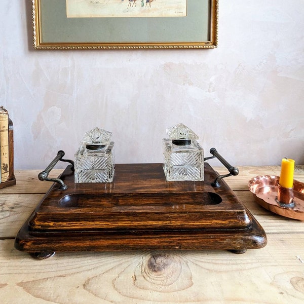 An Antique Victorian Oak Inkstand with a pair of cut glass inkwells  C1880