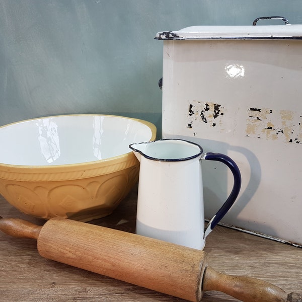 A vintage enamelled Bread Bin kitchenalia shabby chic chippy rustic country primitive