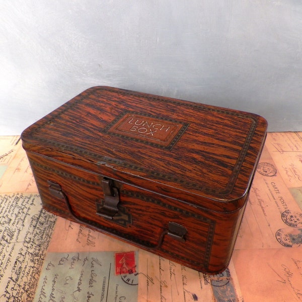 Vintage Tin Collectible Faux Wood Lunch Tin