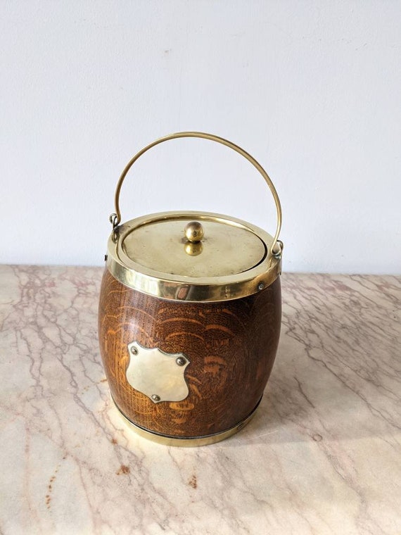 Vintage Biscuit Barrel Wood And EPNS Lid Brass Bands With Swing Handle
