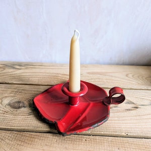Vintage French Enamel Candlestick or Chamberstick Red Enamel Candle holder