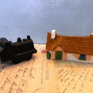 1950s  Cast Metal Toy Train and Country Cottage - childrens toys vintage toys