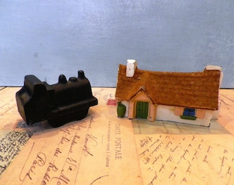 1950s  Cast Metal Toy Train and Country Cottage - childrens toys vintage toys