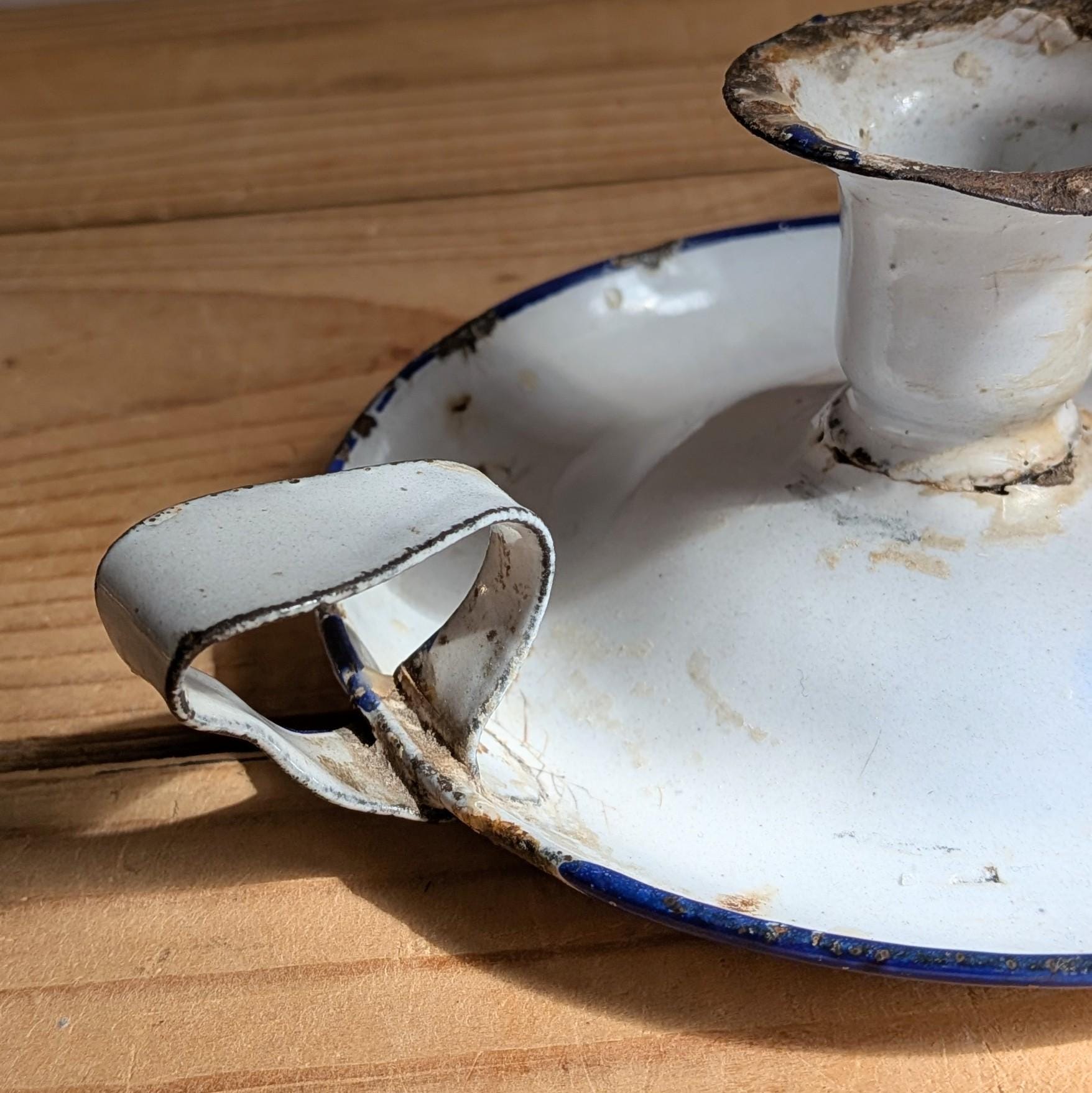 Vintage French Enamel Chamberstick or Candlestick White Enamel