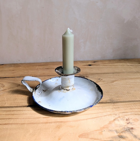 Vintage French Enamel Chamberstick or Candlestick White Enamel 