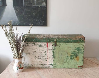 An Edwardian Domed Top Pine Chest or Ottoman in old timeworn paint with internal candle box 1900