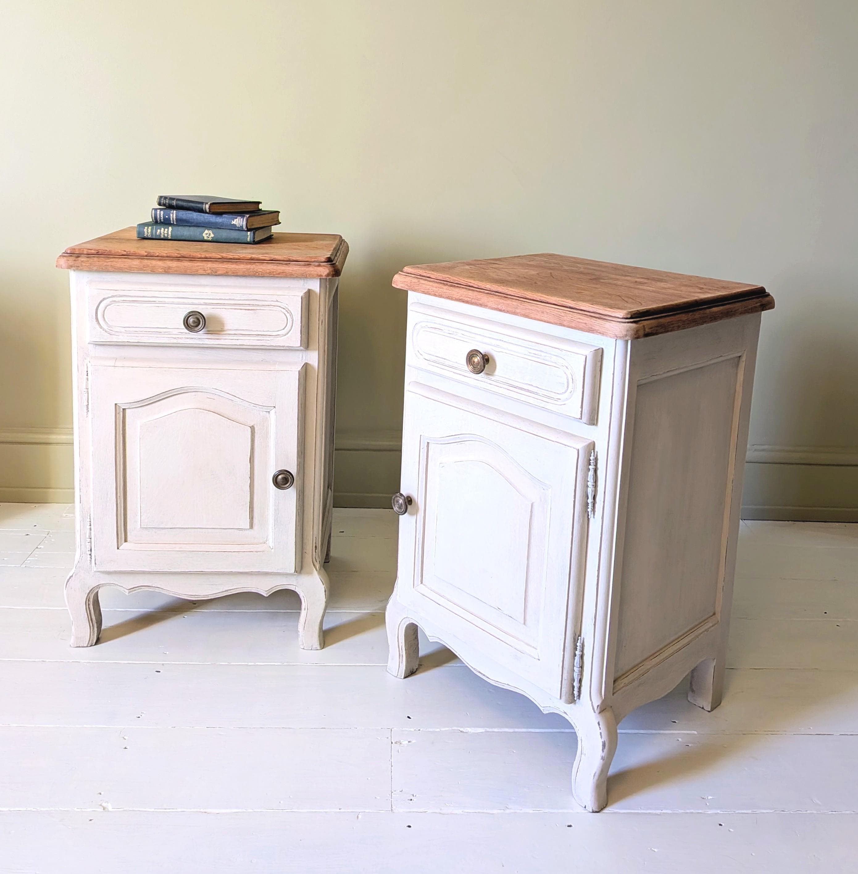Pair Vintage French Oak Nightstands Chalk Painted Bedside Tables