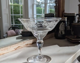 A pretty vintage French etched glass footed fruit dish C1900