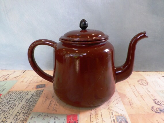 Rustic Enamel Teapot Tea Pot Brown Teapots & Kettles, Kitchenalia
