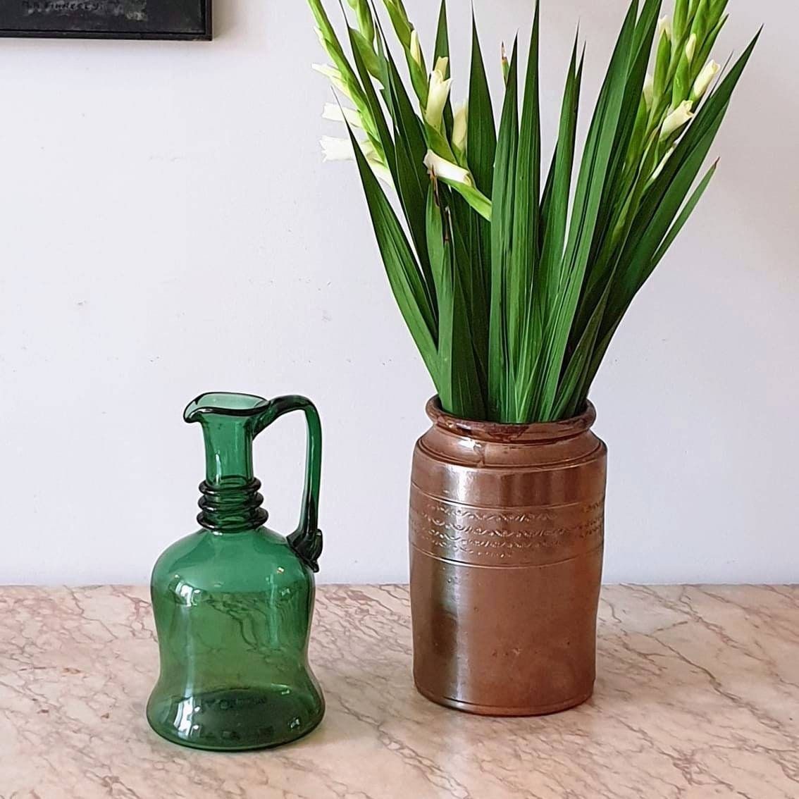 A lovely vintage French  green glass hand blown wine jug or carafe