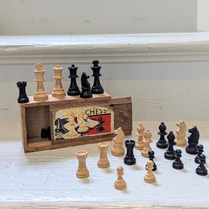 Vintage 1950s medium sized Staunton Pattern Chess Set Chess Men in Box chess set ebonised boxwood treen games chess antique