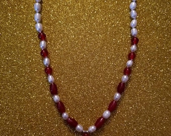 Genuine Ruby and Freshwater Pearl necklace with teardrop Ruby pendant