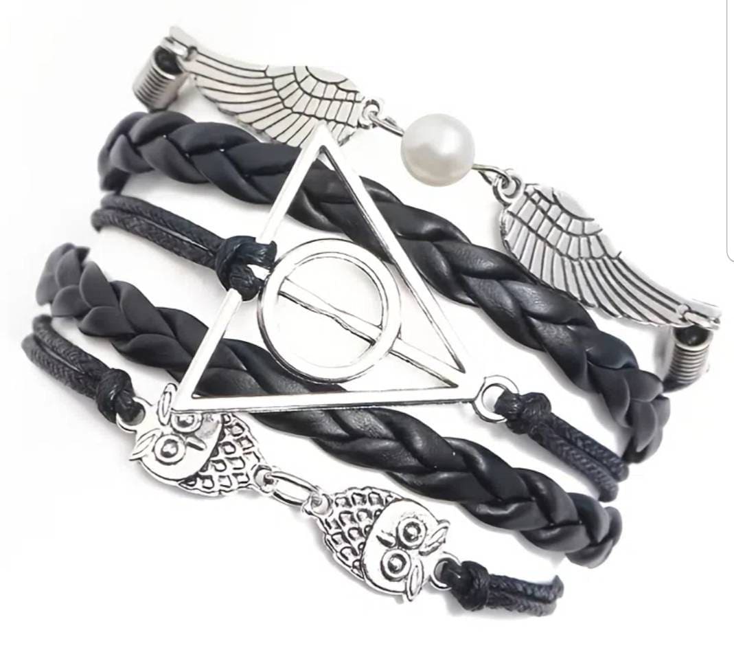 Leather bracelet with wings, owls, and triangular charm