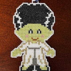 Handmade Cross Stitched Frankenstein&#39;s Bride Halloween Ornament